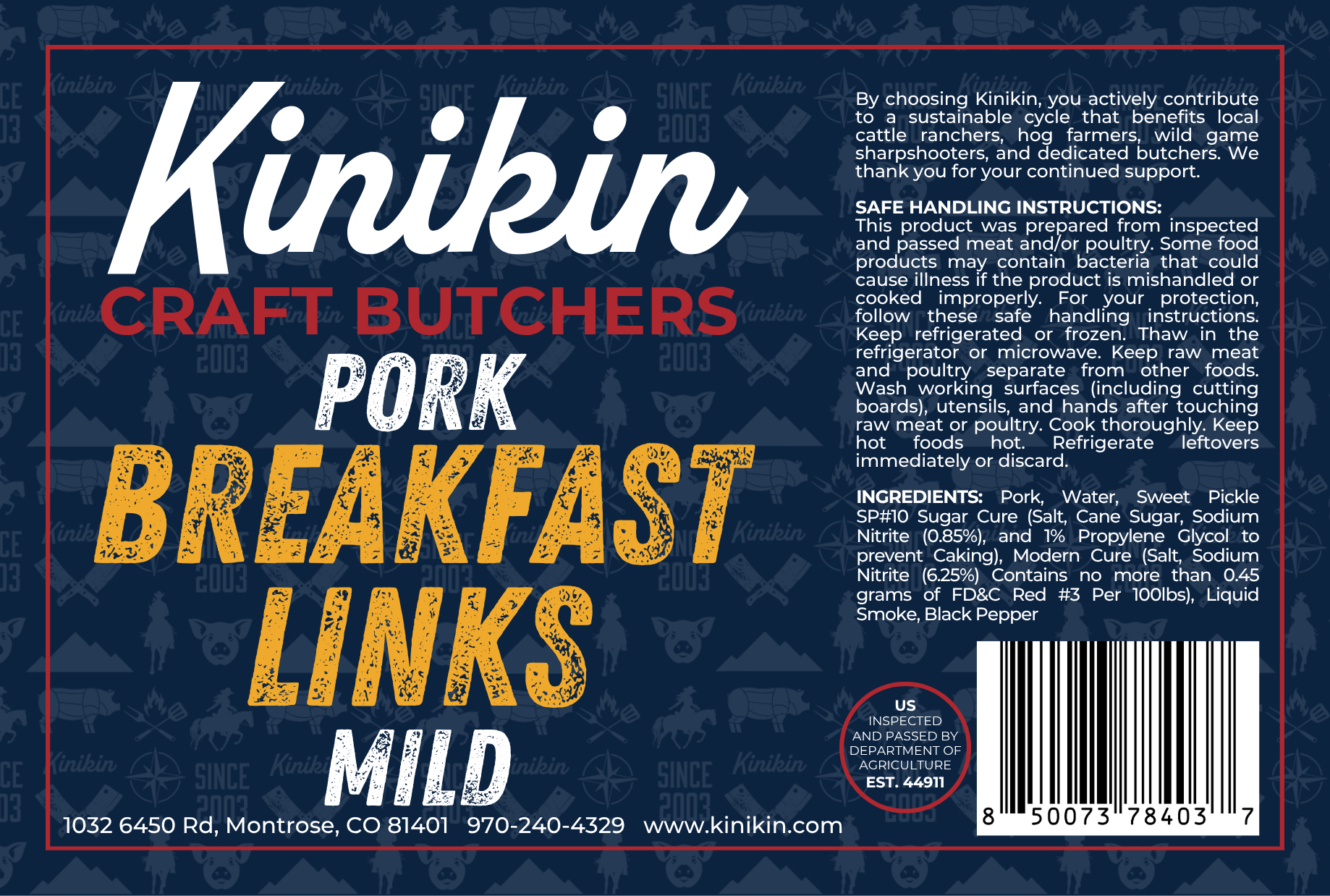 Kinikin Craft Butchers - Pork Breakfast Links Mild Label