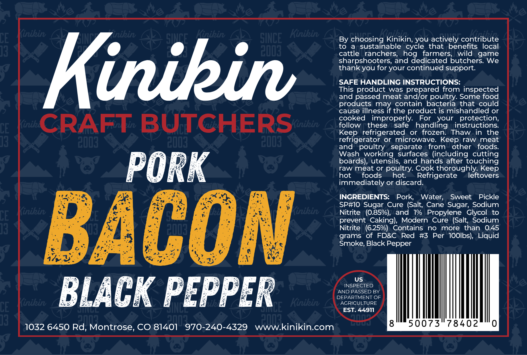 Kinikin Craft Butchers - Pork Bacon Black Pepper Label