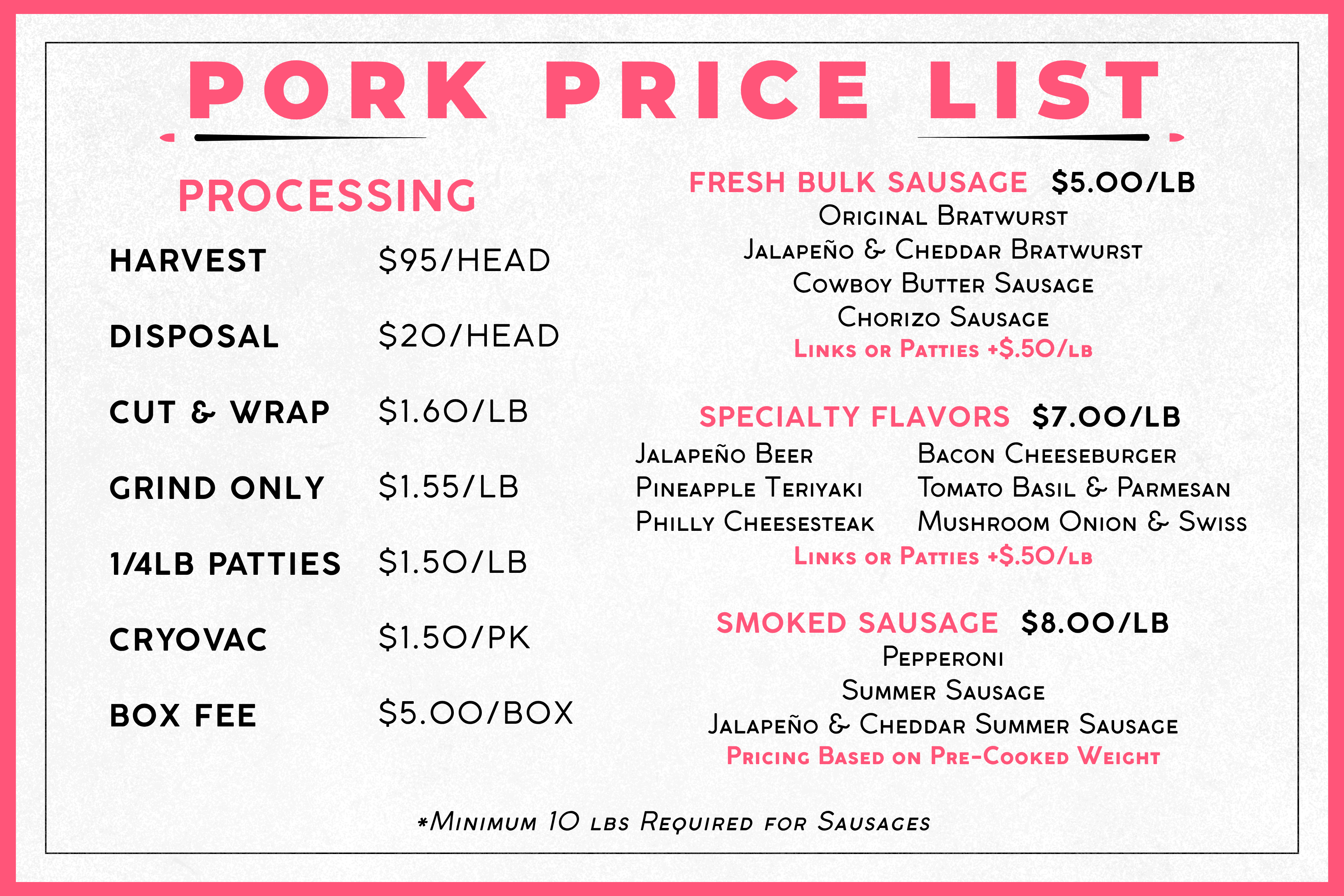 Pork price list poster design by Longshot Branding