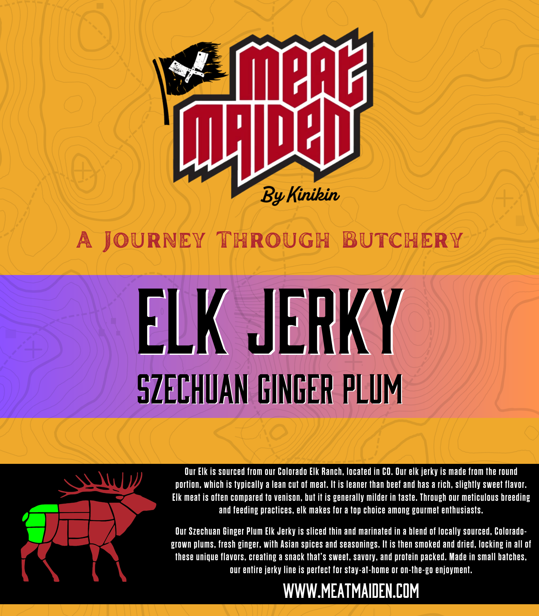 Meat Maiden by Kinikin, Elk Jerky (Szechuan Ginger Plum) product label design by Longshot Branding