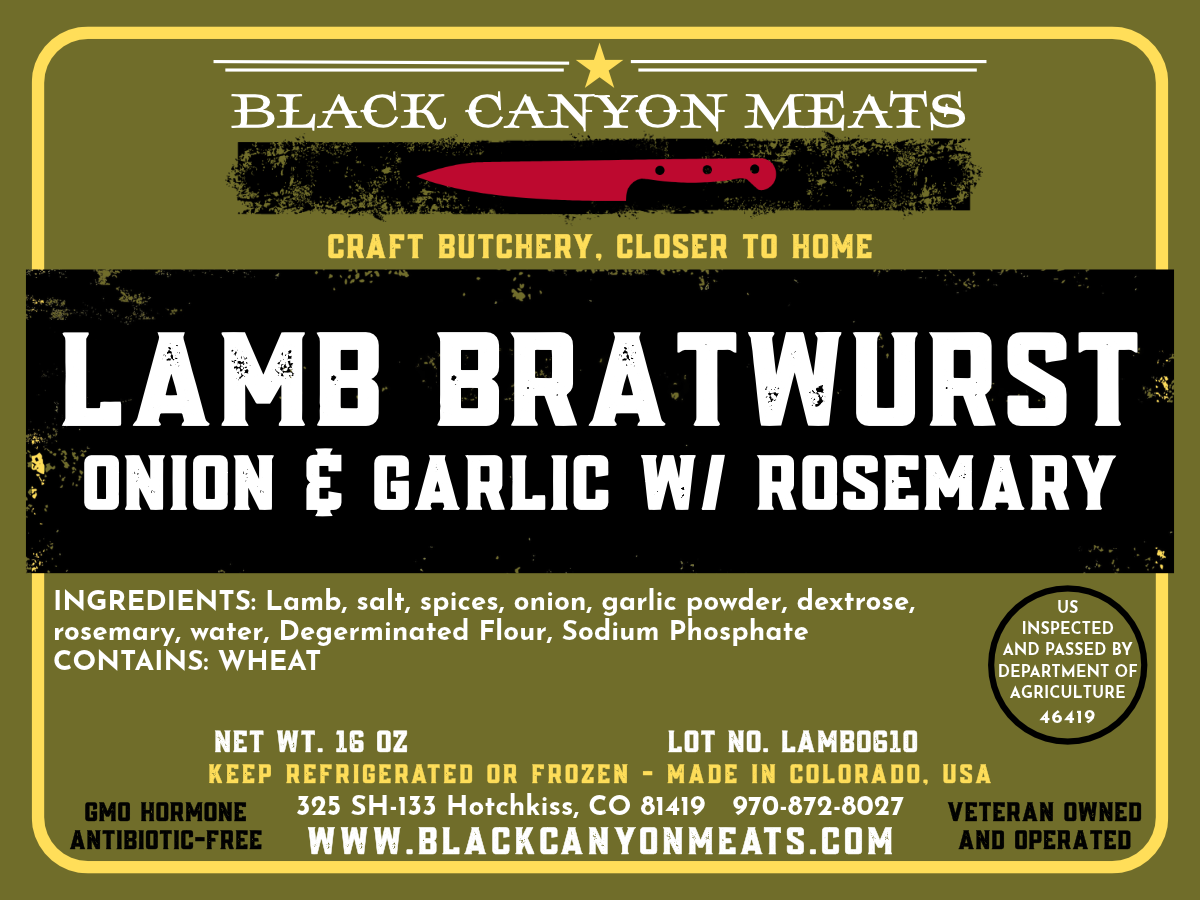 Black Canyon Meats, Lamb Bratwurst Onion & Garlic with Rosemary product label design by Longshot Branding