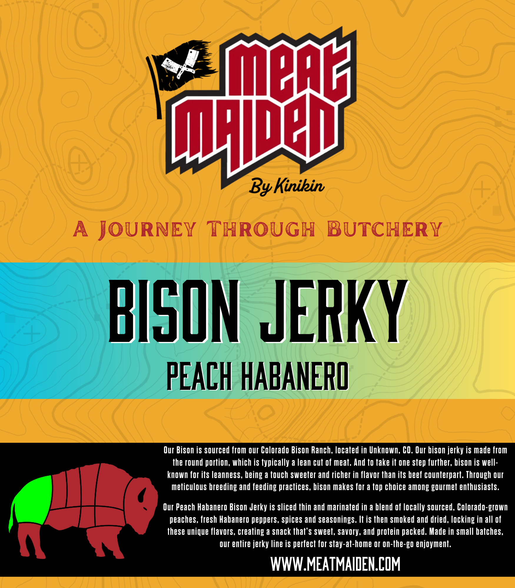 Meat Maiden by Kinikin, Bison Jerky (Peach Habanero) product label design by Longshot Branding