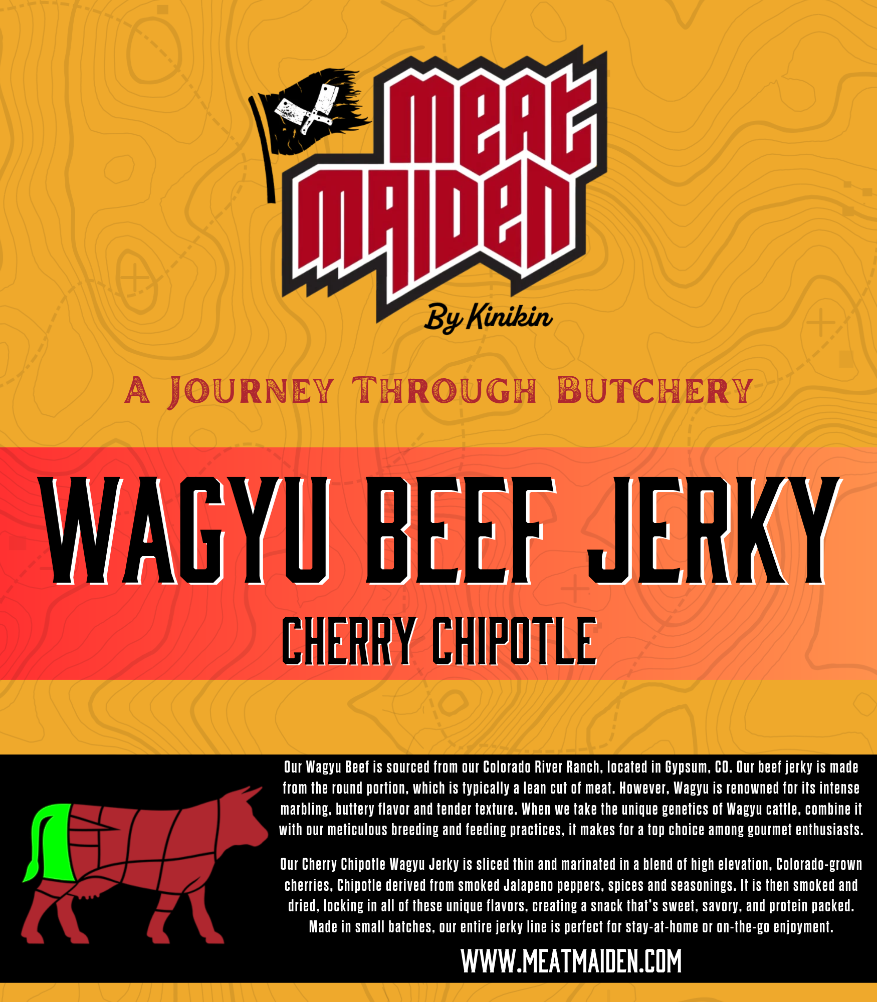 Meat Maiden by Kinikin, Wagyu Beef Jerky (Cherry Chipotle) product label design by Longshot Branding