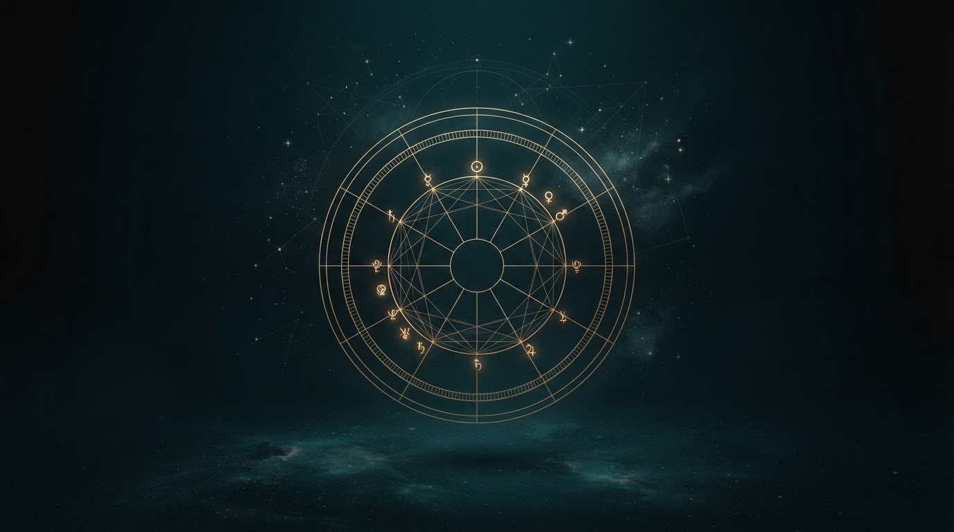 Astrology birth chart wheel over a dark celestial sky