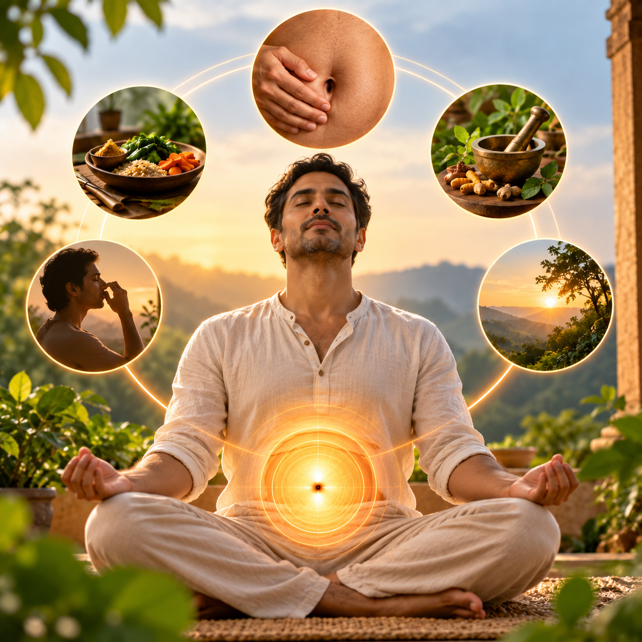 Nabhi Chikitsa navel-centred wellness illustration showing meditation, visceral navel therapy, herbs, diet and pranayama