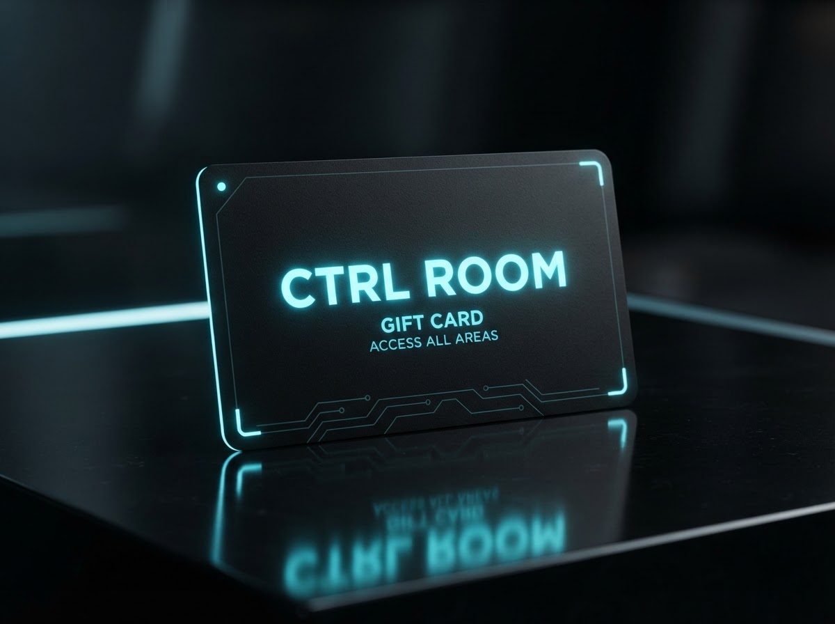 CTRL ROOM gift card mockup in black and cyan branding