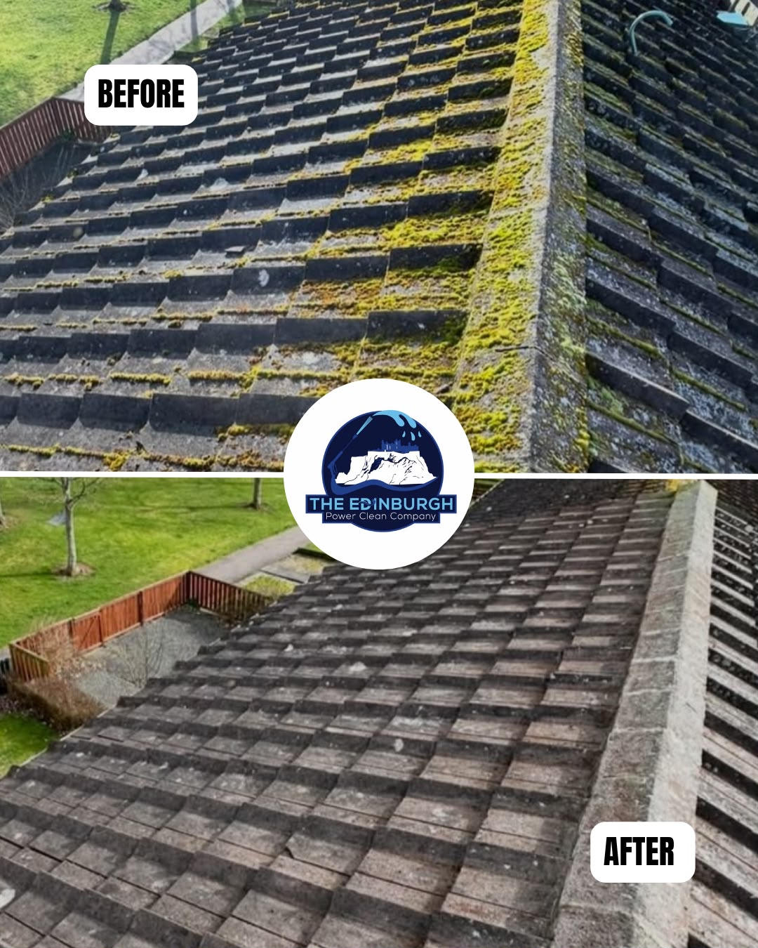 Close view before and after roof clean showing heavy moss along roof ridge and tiles cleared back to clean stone finish
