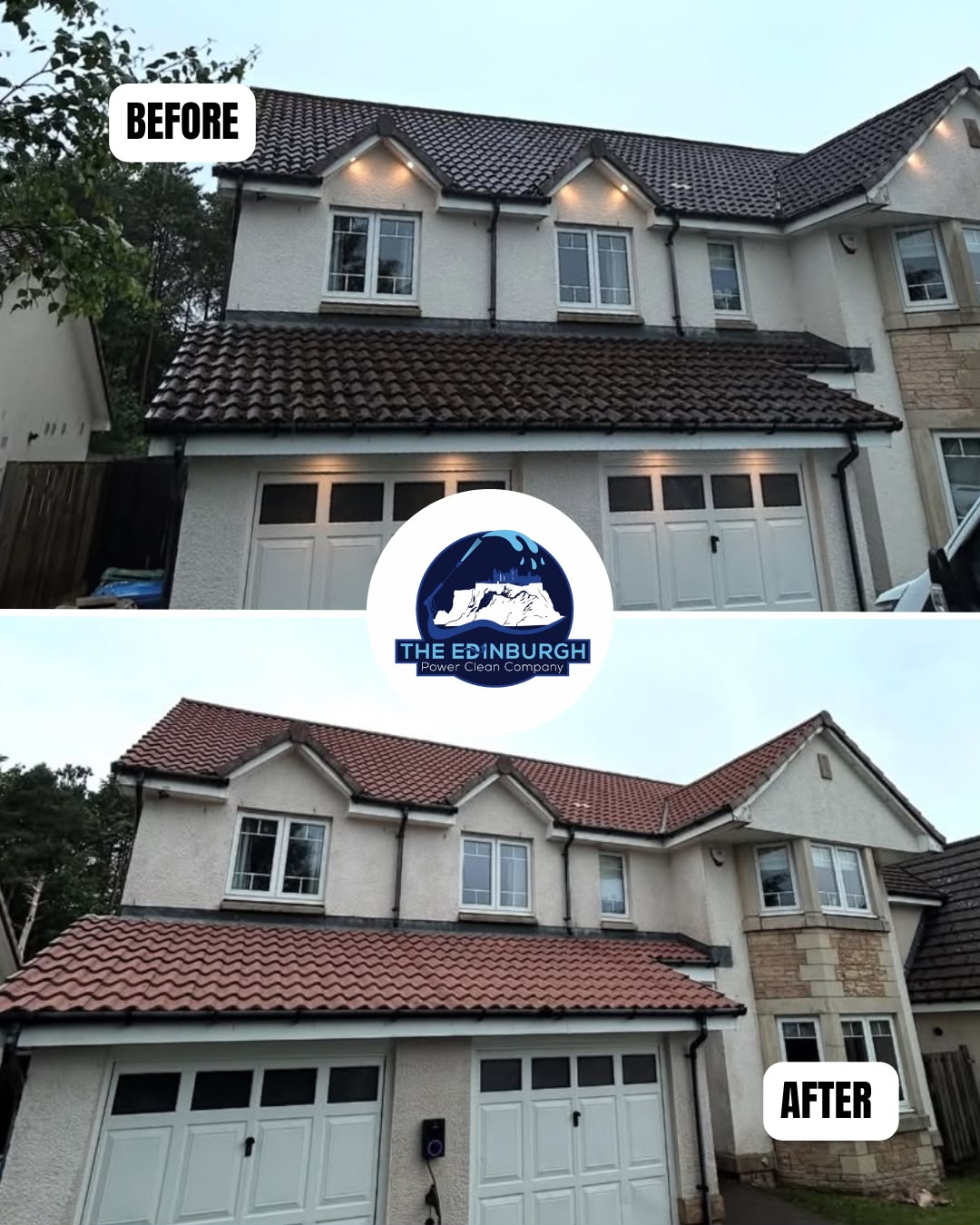Before and after air-powered roof moss removal on detached home showing heavily mossed dark roof restored to clean terracotta tiles