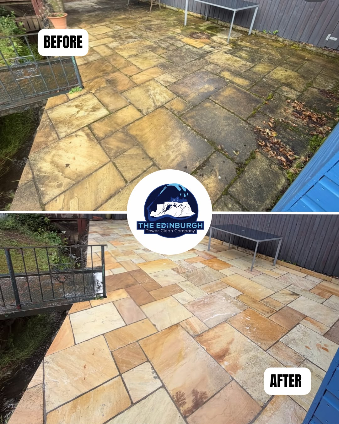 Before and after power clean of Indian sandstone patio showing dark stained wet slabs transformed to warm natural stone colours