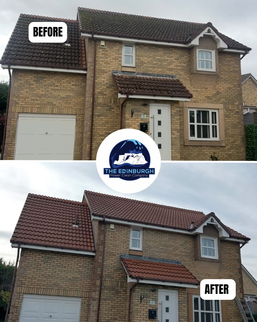 Before and after roof scrape on modern villa showing mossy discoloured roof transformed to vibrant red tile finish