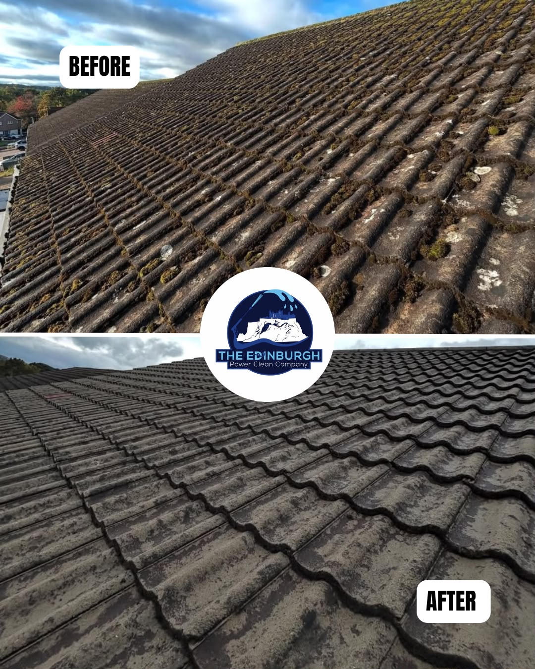 Before and after air-powered roof cleaning on profiled concrete tiles showing thick moss removed to clean uniform tile surface