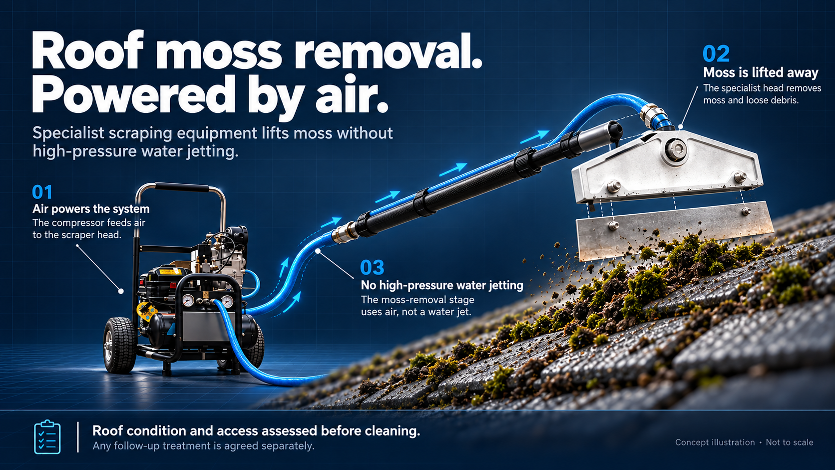 Air-powered roof moss removal system showing compressor, air supply and specialist scraper head lifting moss without high-pressure water jetting