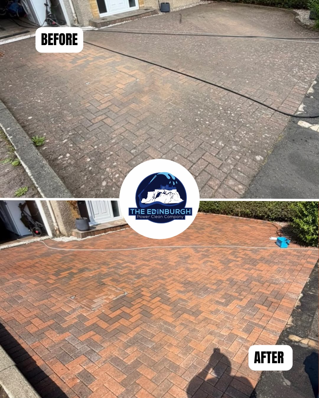 Before and after block paving driveway transformation showing weathered grey bricks restored to bright red and terracotta tones