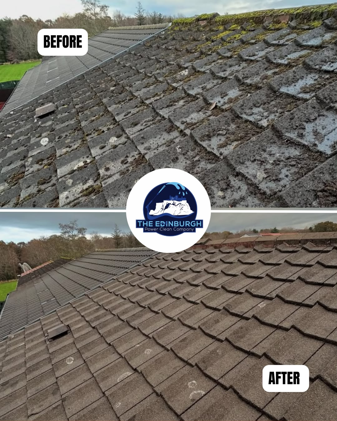Before and after roof moss removal showing flat profile roof tiles cleared of moss and organic buildup