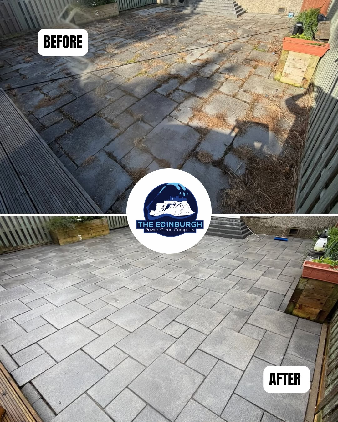 Before and after clean of enclosed garden patio showing heavy weed growth and stained slabs restored to clean uniform grey paving