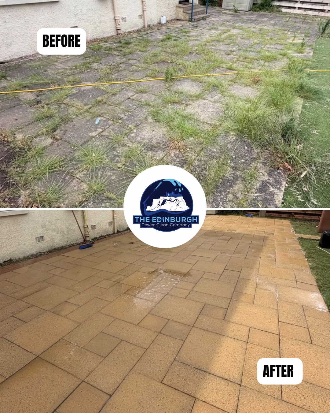 Before and after power cleaning of paved patio showing grass and weed overrun paving transformed to clean warm buff slabs
