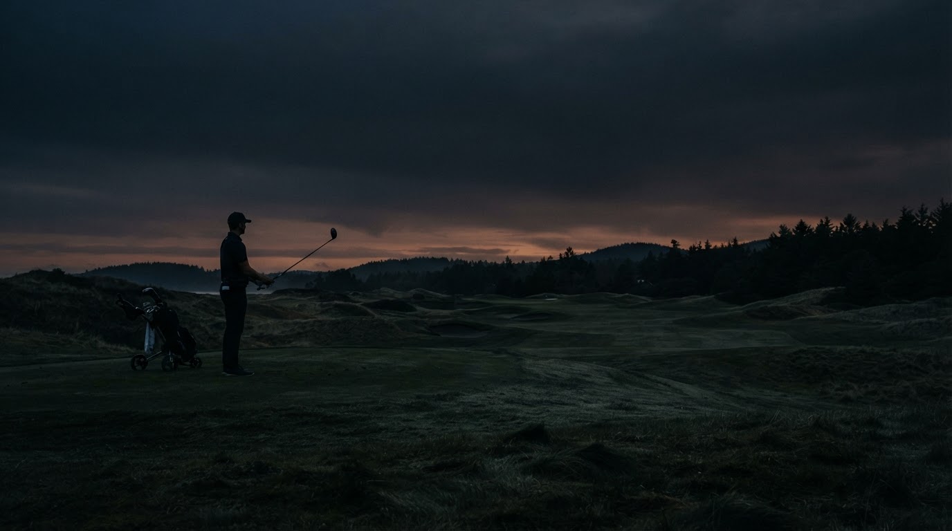 Golfer silhouette in a dark golf-performance environment