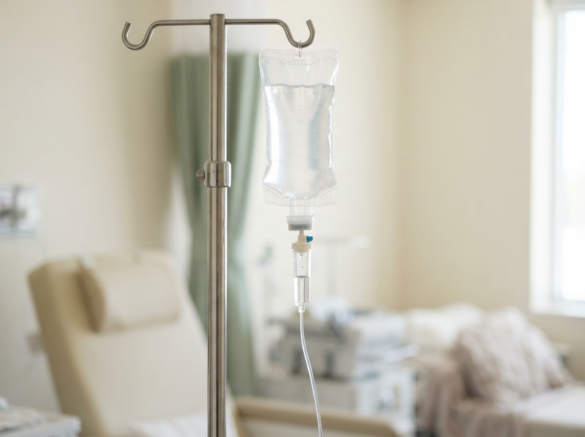 IV bag and drip line in a clean treatment room