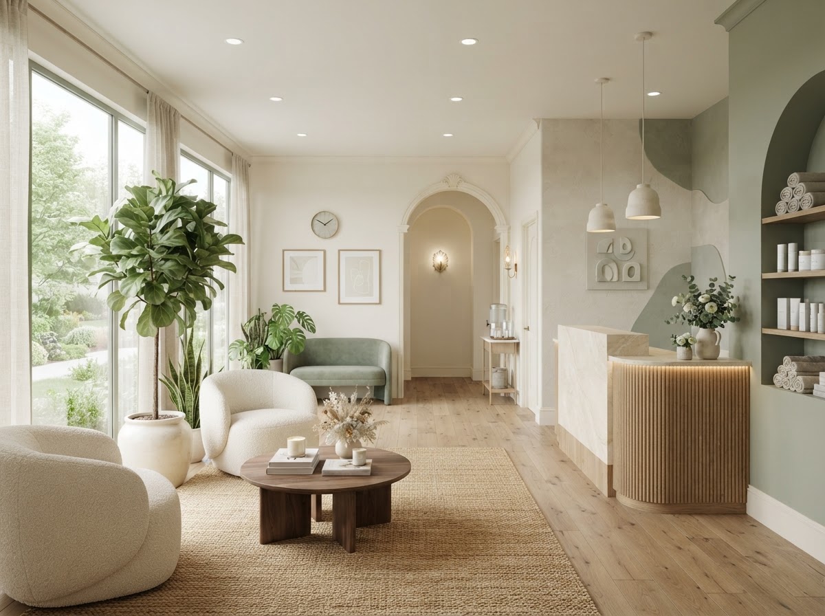 Welcoming reception area of a Queen Creek med spa with sage and cream tones