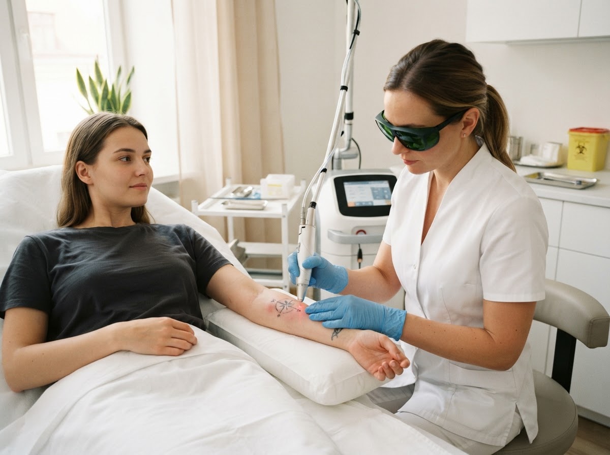 Provider using a laser handpiece on a small arm tattoo in Queen Creek