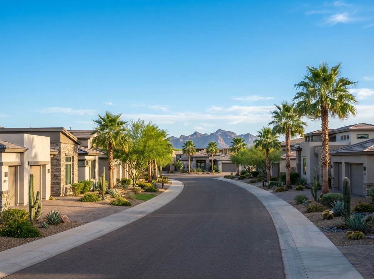 Modern Queen Creek Arizona neighborhood with new homes and palm trees under a blue sky