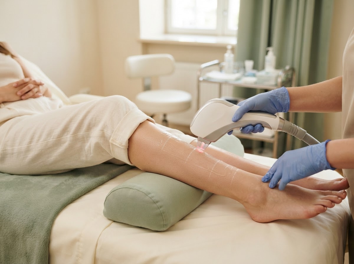 Laser hair removal handpiece near a leg in a bright Queen Creek treatment room