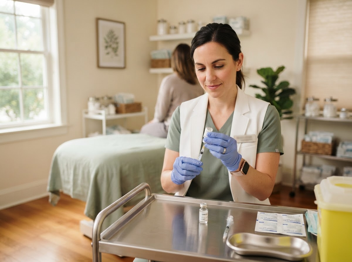 Provider preparing a B12 vitamin injection in a bright Queen Creek treatment room