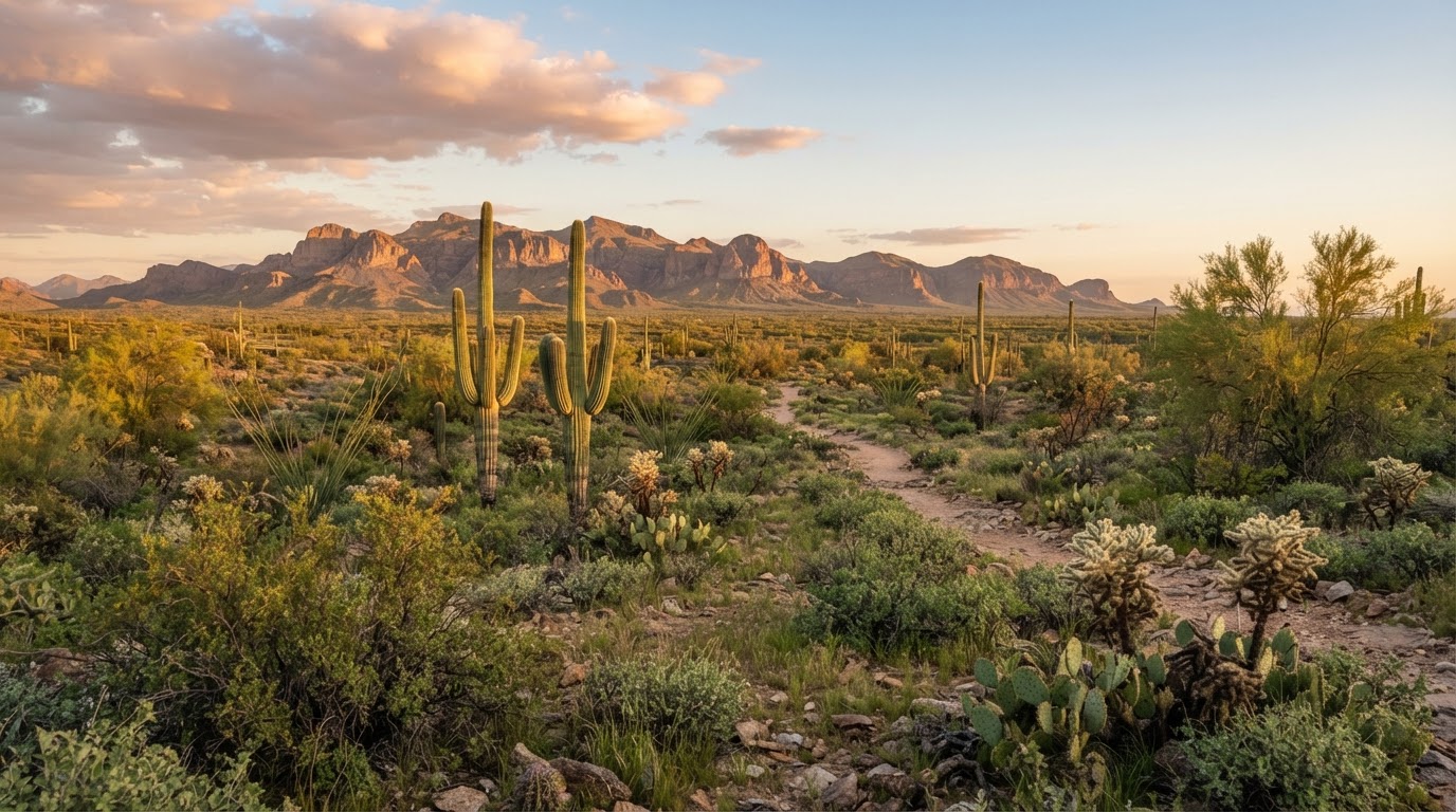 Sonoran Desert landscape with saguaros and the San Tan Mountains near Queen Creek, Arizona