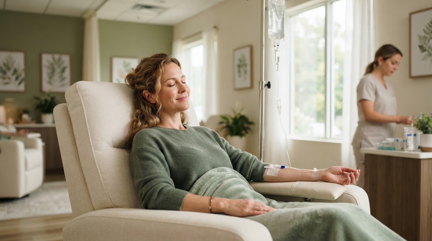Adult relaxing in a recliner during IV therapy in a bright Queen Creek treatment room