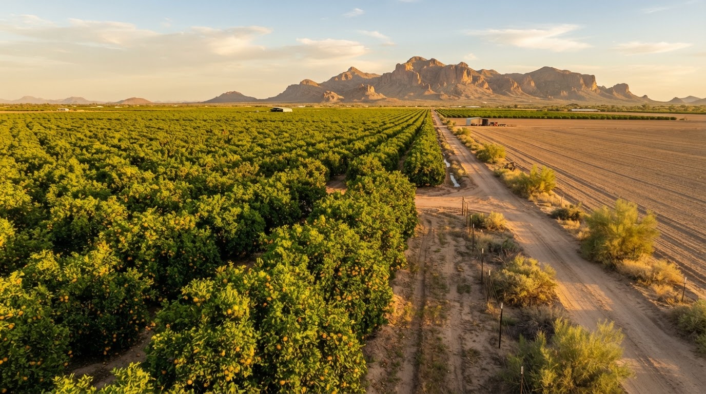 Citrus groves and open farmland in Queen Creek, Arizona at golden hour