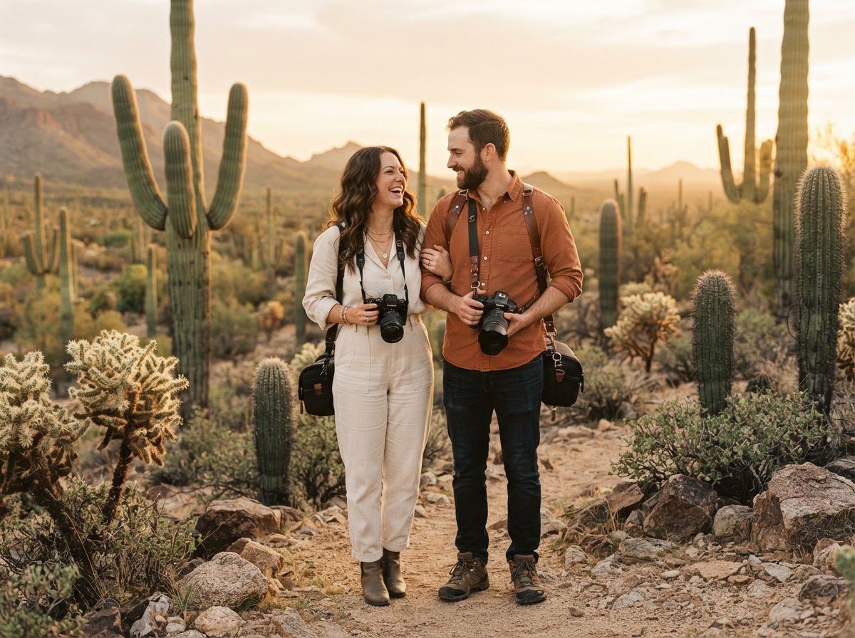 Sonoran Glow Studio photographers holding cameras at golden hour in the Arizona desert