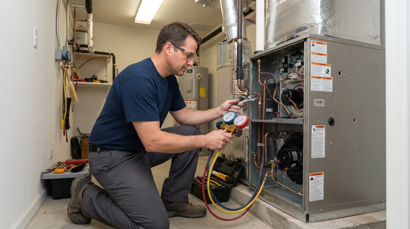 HVAC professional performing a detailed seasonal maintenance inspection with diagnostic gauges