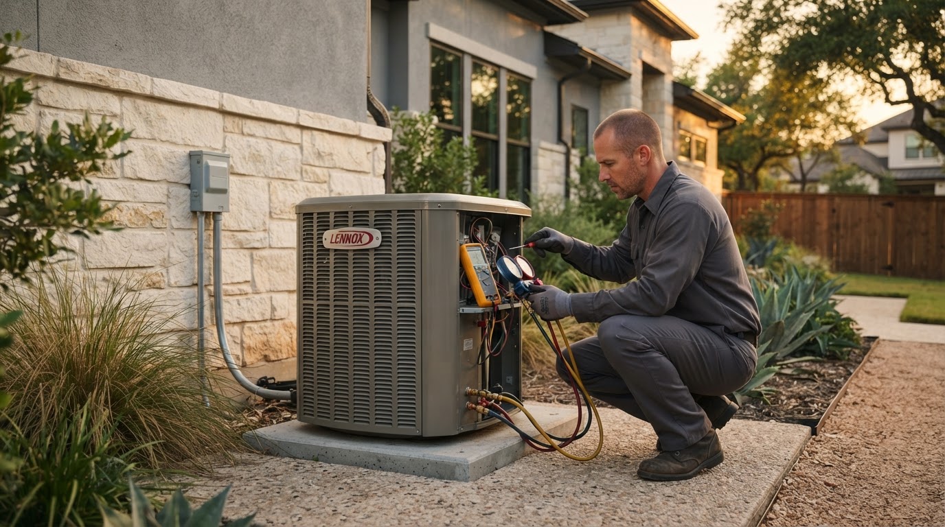 HVAC technician inspecting a residential outdoor AC condenser beside a modern Texas home