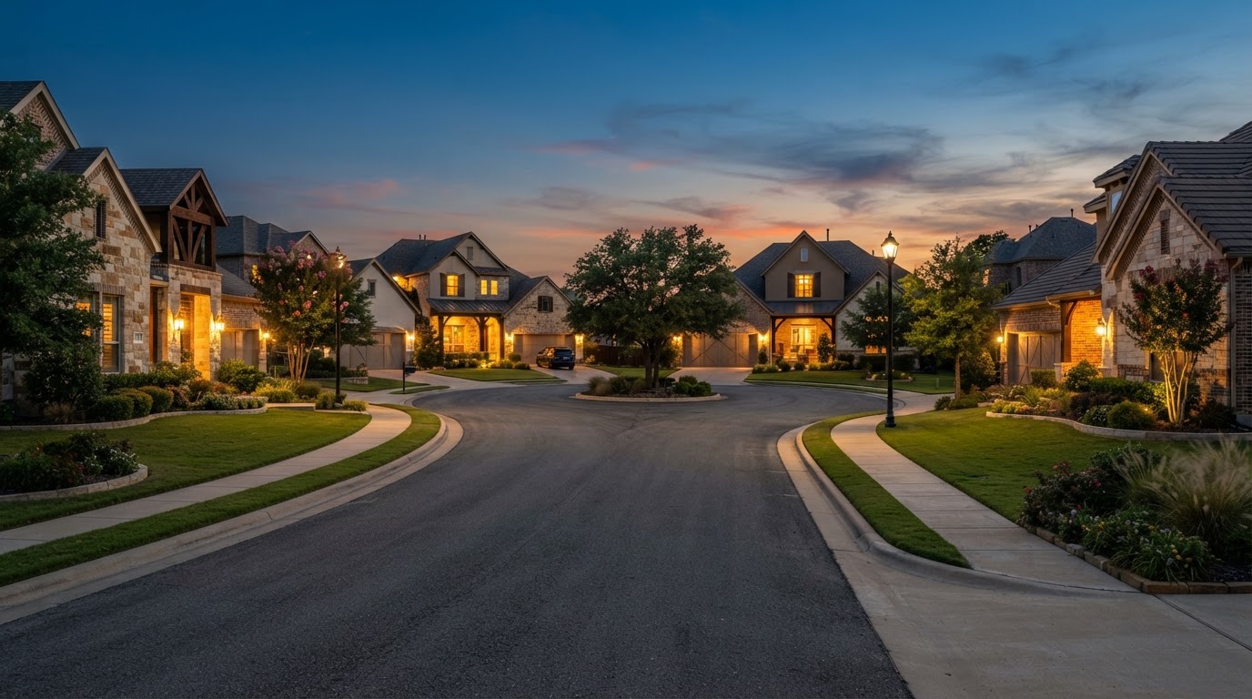 Residential street in an established North Texas community near Frisco
