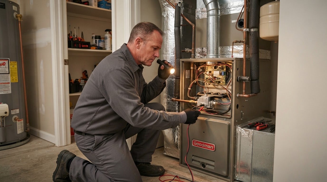 HVAC technician inspecting a residential gas furnace in a Texas home