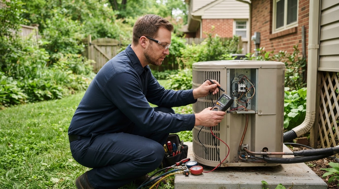 HVAC technician diagnosing an outdoor air conditioning condenser in Prosper, TX