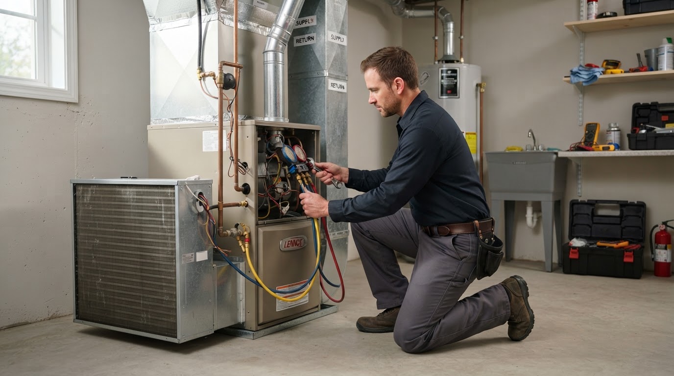 HVAC technician working with professional heating and cooling equipment