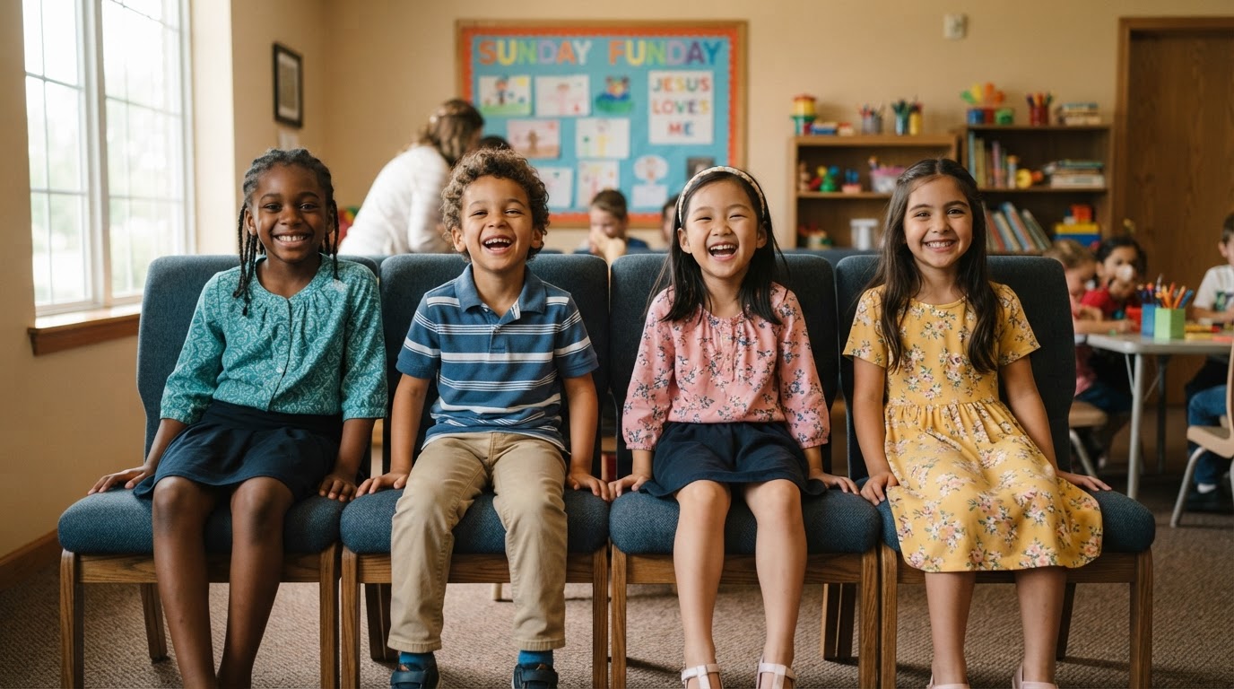 Diverse children smiling and sitting in cushioned church chairs