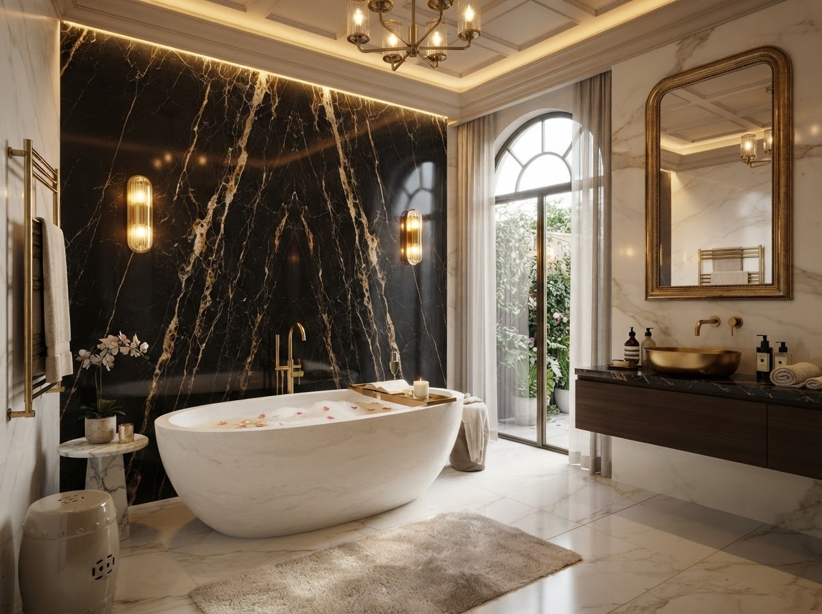 Marble feature wall in a luxury bathroom