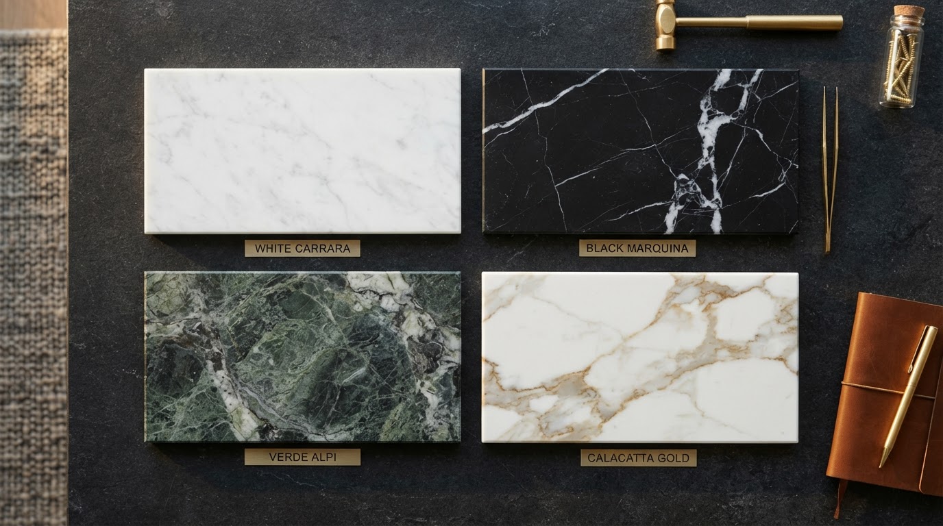 Flat lay of luxury stone material samples