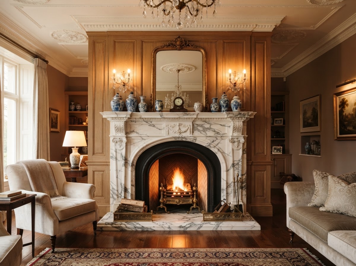 A carved marble fireplace surround