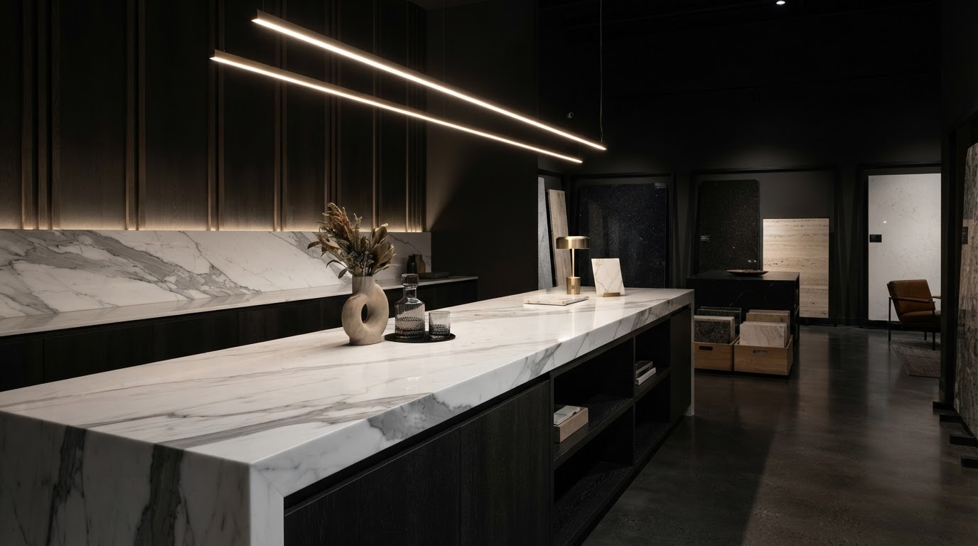 Polished marble showroom with dramatic grey veining