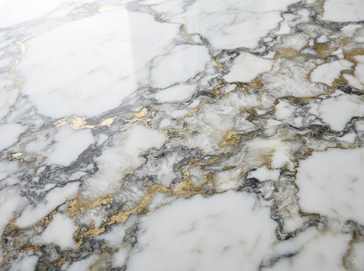 Close-up of polished white marble with grey and gold veining
