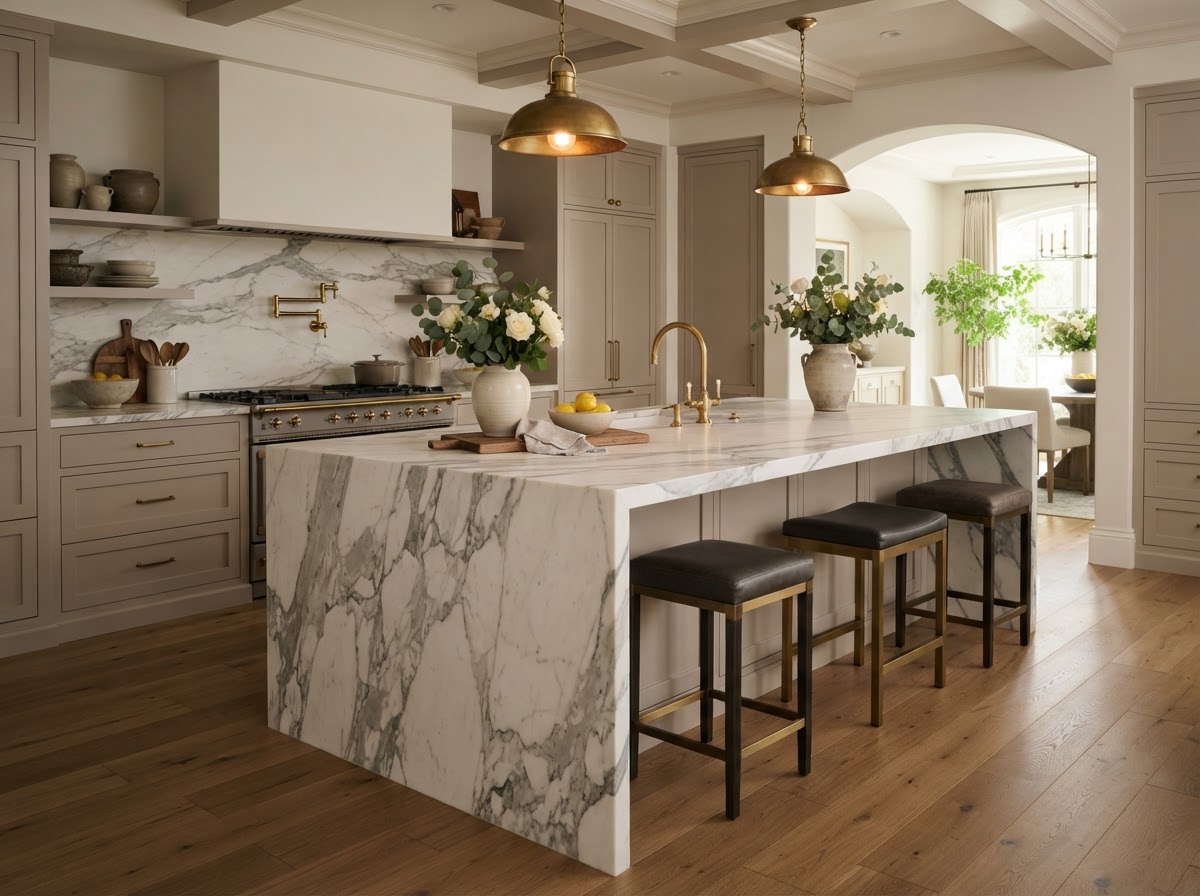 Marble kitchen island with waterfall edge and brass faucet