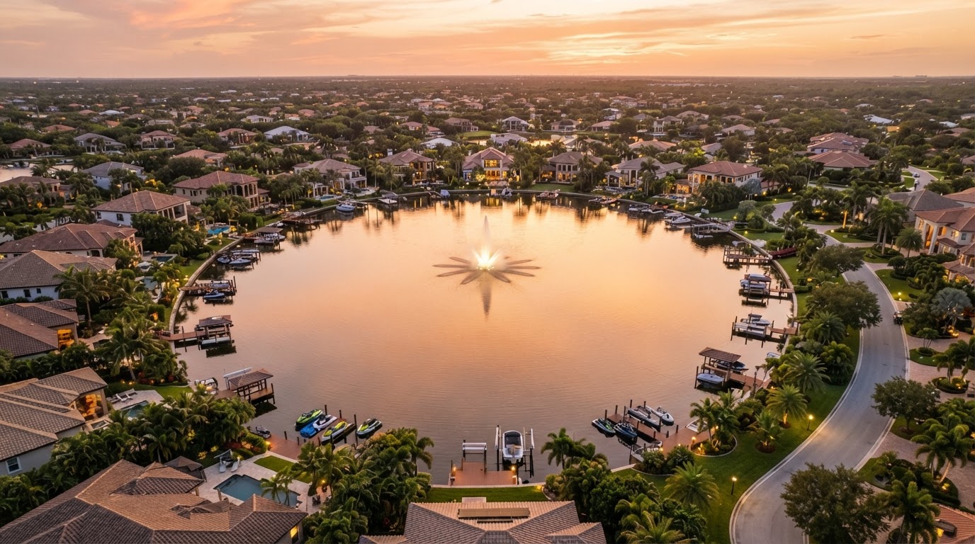 Regional lakeside residential landscape, calm lake
