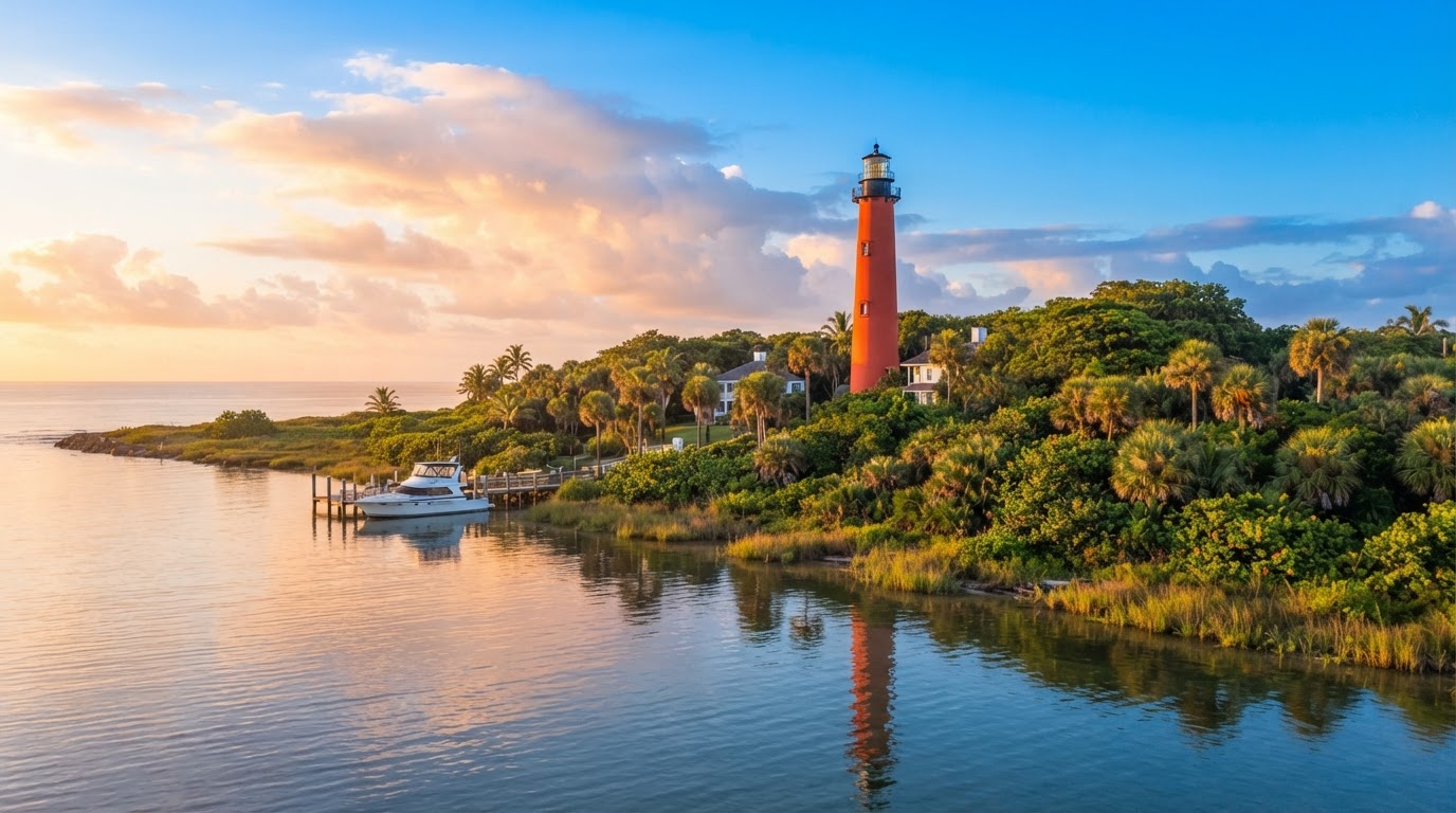 Regional coastal inlet landscape, lighthouse and shoreline