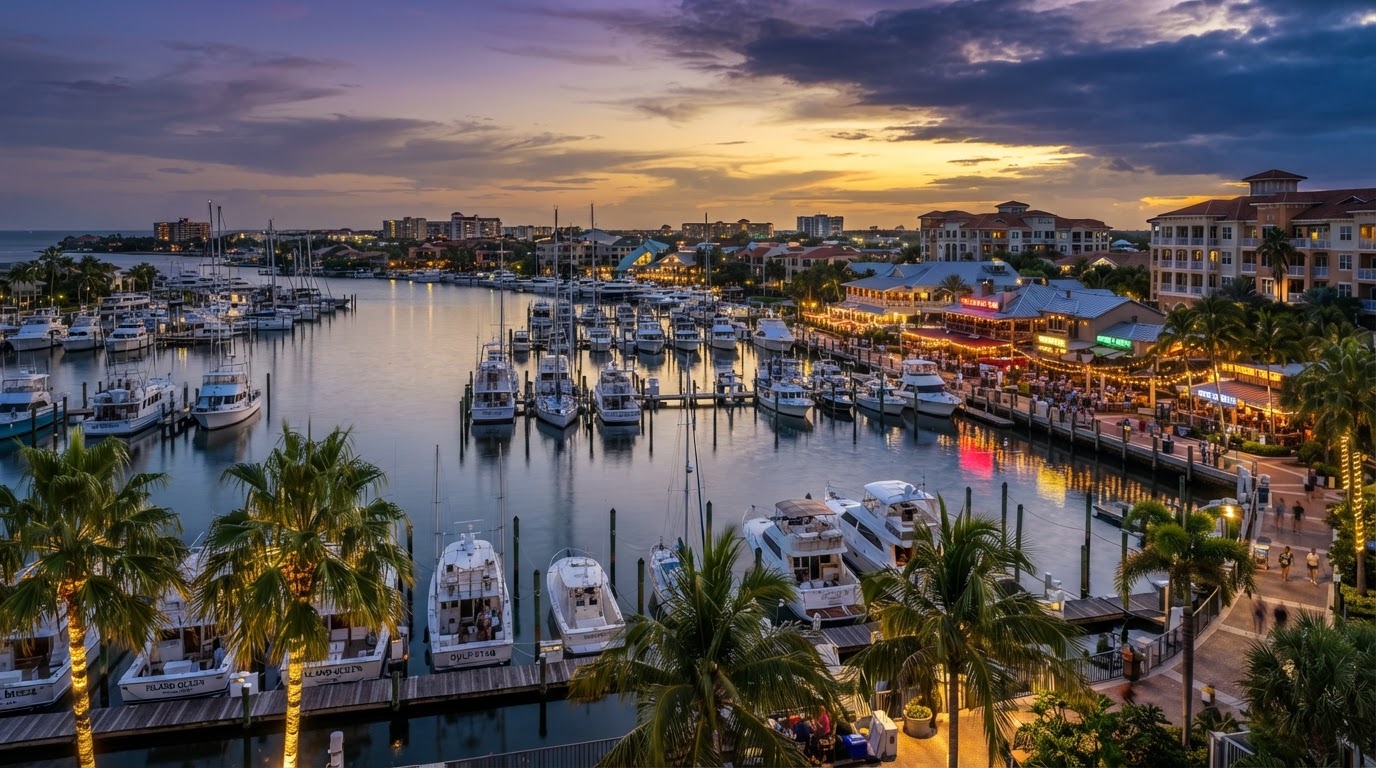 Regional harbor town landscape, marina and waterfront