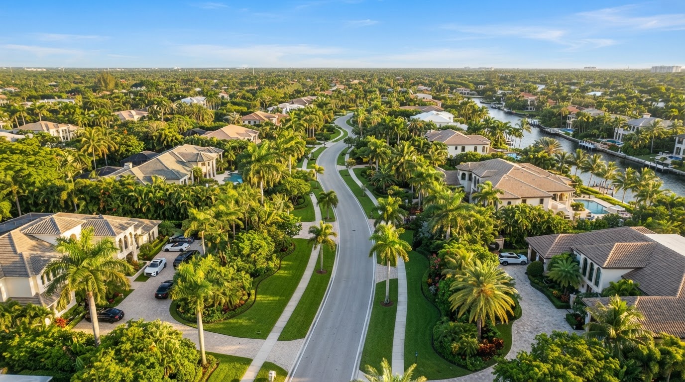 Regional garden suburb landscape, palm-lined residential road