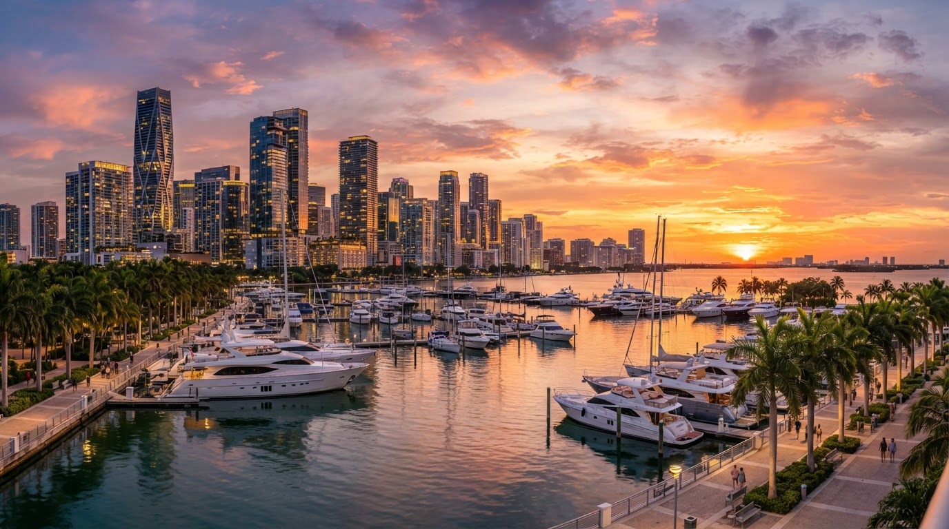 Regional waterfront city landscape, harbor at sunset