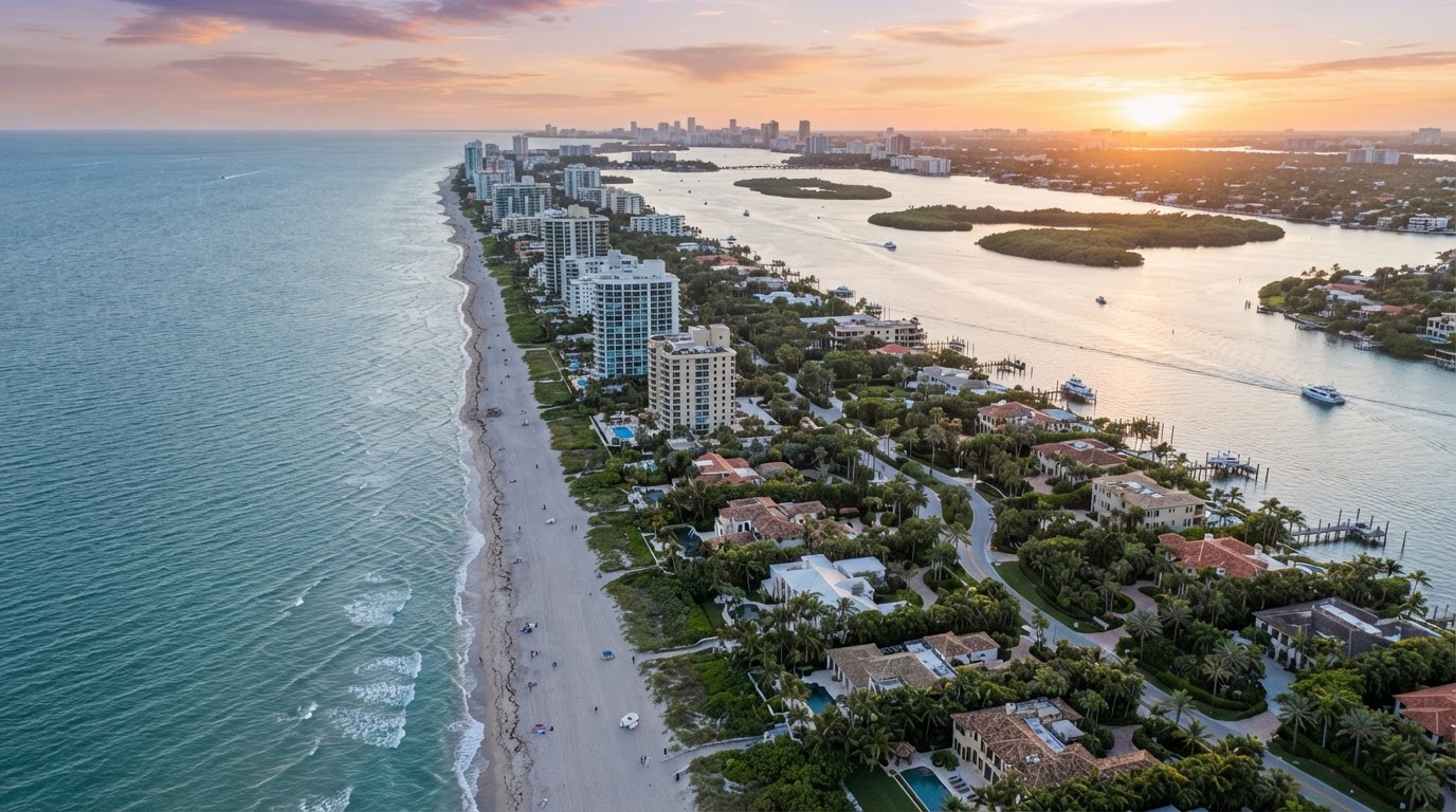 Regional barrier-island coastline, oceanfront landscape